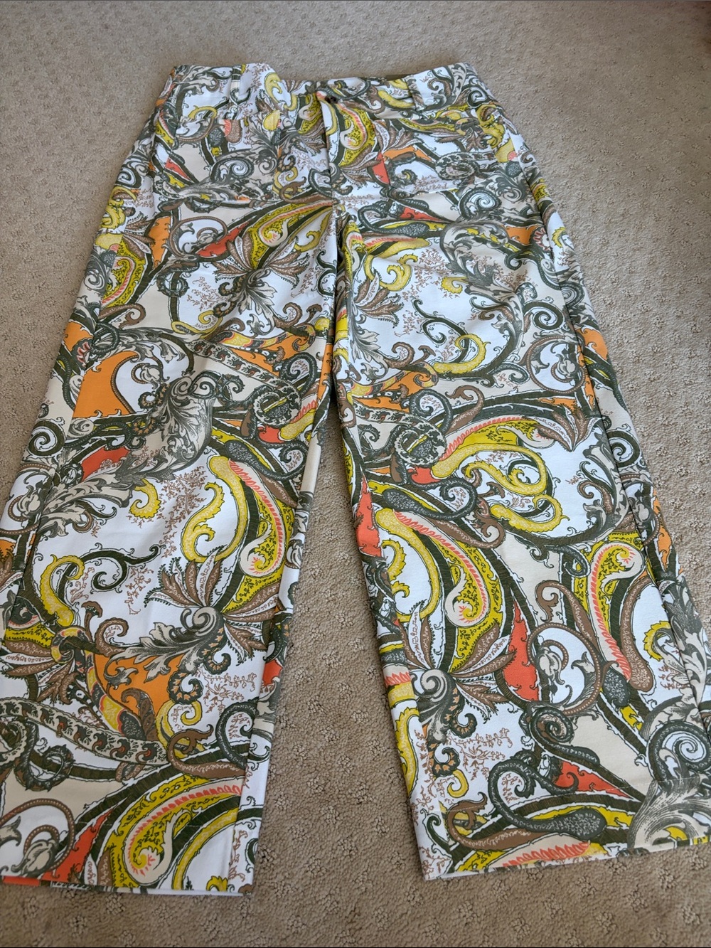 Chico's White Ankle Pants with Orange, Yellow & Olive Paisley